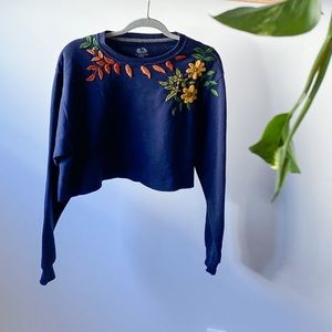 Upcycled embroidered cropped sweater, navy size medium